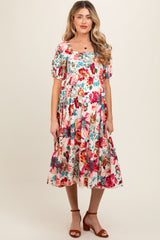 Cream Floral Puff Sleeve Maternity Midi Dress