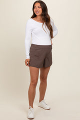 Brown Elastic Waist Side Pocket Active Maternity Shorts