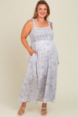 White Blue Floral Tie Strap Maternity Plus Maxi Dress