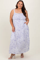 White Blue Floral Tie Strap Maternity Plus Maxi Dress