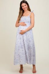 White Floral Shoulder Tie Maternity Dress