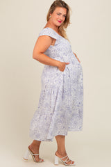 Ivory Blue Floral Print Ruched Tiered Plus Maternity Midi Dress