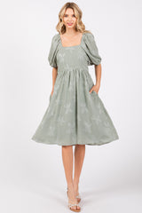 Sage Textured Floral Square Neck Puff Sleeve Maternity Dress