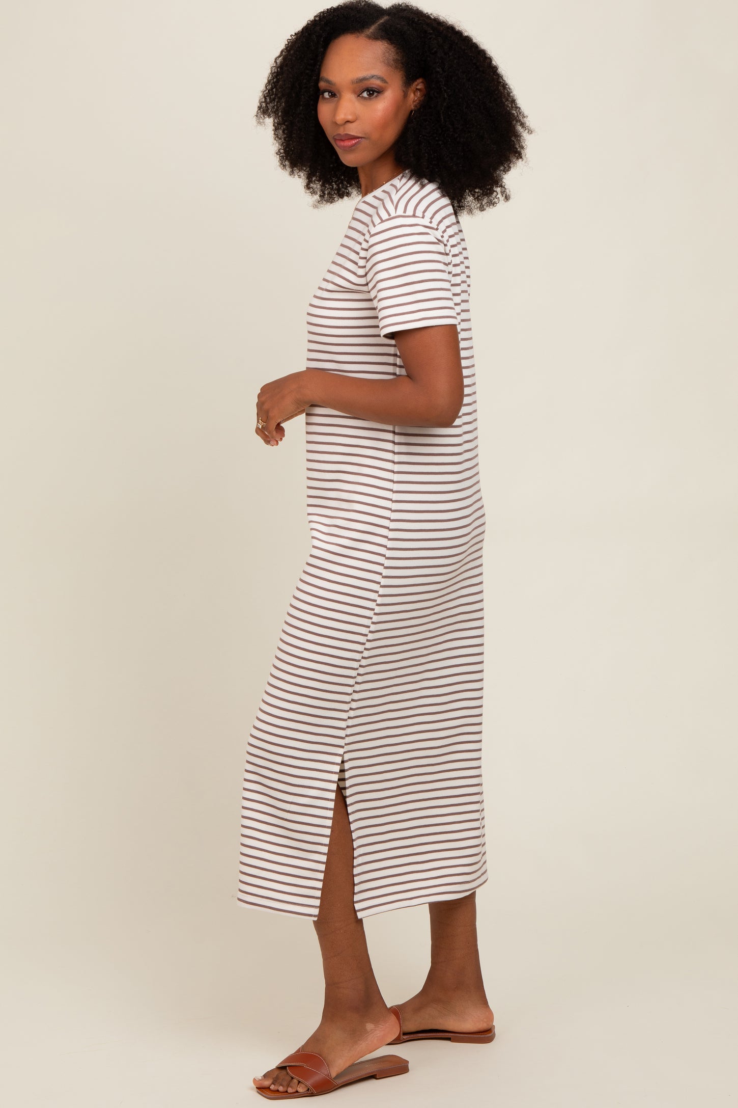 Cream Striped Short Sleeve T-Shirt Midi Dress