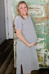 Navy Striped Short Sleeve Maternity T-Shirt Midi Dress