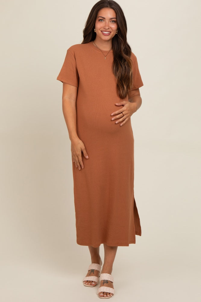 Camel Short Sleeve Side Slit Maternity T-Shirt Midi Dress