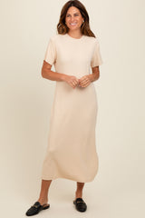 Cream Short Sleeve Side Slit Maternity T-Shirt Midi Dress