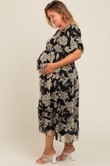 Black Floral Chiffon Ruffle Hem Maternity Plus Midi Dress