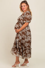 Brown Floral Chiffon Ruffle Hem Maternity Plus Midi Dress