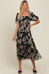 Black Floral Chiffon Ruffle Hem Midi Dress