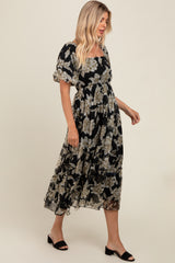 Black Floral Chiffon Ruffle Hem Midi Dress