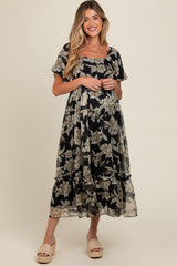 Black Floral Chiffon Ruffle Hem Maternity Midi Dress