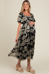 Black Floral Chiffon Ruffle Hem Maternity Midi Dress