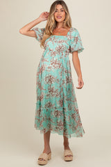 Mint Green Floral Chiffon Ruffle Hem Maternity Midi Dress