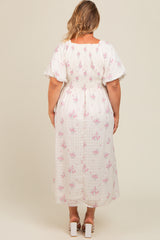 Pink Floral Textured Dot Smocked Sweetheart Neck Maternity Plus Midi Dress