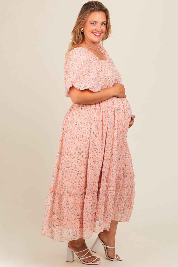 Peach Floral Ruffle Hem Maternity Plus Maxi Dress