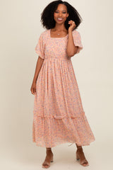 Peach Floral Ruffle Hem Maxi Dress