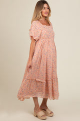 Peach Floral Ruffle Hem Maternity Maxi Dress