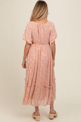 Peach Floral Ruffle Hem Maternity Maxi Dress