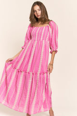 Pink Embroidered Detail Smocked Top Maxi Dress