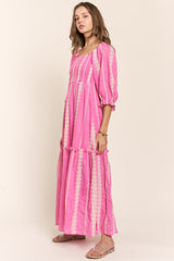 Pink Embroidered Detail Smocked Top Maxi Dress