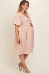 Peach Floral Puff Sleeve Plus Maternity Midi Dress