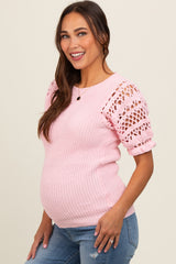 Light Pink Open Knit Short Puff Sleeve Maternity Sweater Top