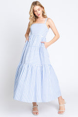 Blue Striped Sleeveless Tiered Maternity Maxi Dress