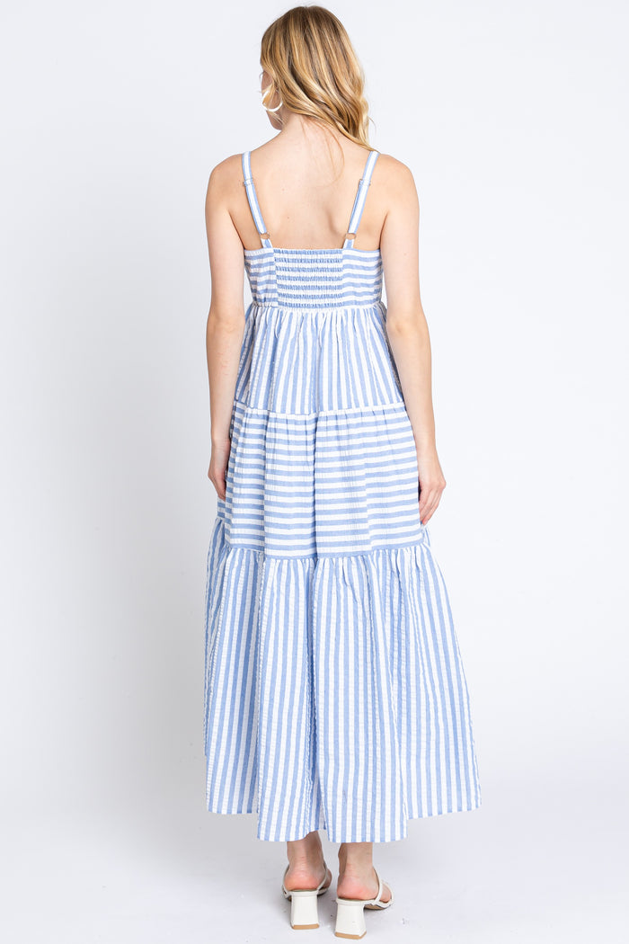 Blue Striped Sleeveless Tiered Maxi Dress