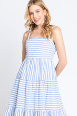 Blue Striped Sleeveless Tiered Maxi Dress