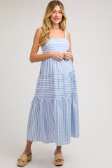 Blue Striped Sleeveless Tiered Maternity Maxi Dress