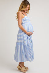 Blue Striped Sleeveless Tiered Maternity Maxi Dress