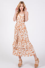 Camel Floral Sleeveless Ruffle Hem Maternity Maxi Dress