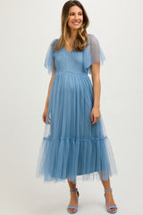 Blue Dotted Tulle Smocked Maternity Midi Dress