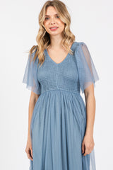 Blue Dotted Tulle Smocked Midi Dress