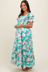 Aqua Floral Puff Sleeve Maternity Maxi Dress