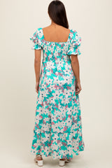 Aqua Floral Puff Sleeve Maternity Maxi Dress