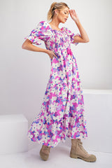 Magenta Floral Puff Sleeve Maternity Maxi Dress