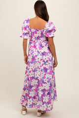 Magenta Floral Puff Sleeve Maternity Maxi Dress