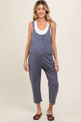 Blue Button Down Maternity Cropped Jumpsuit