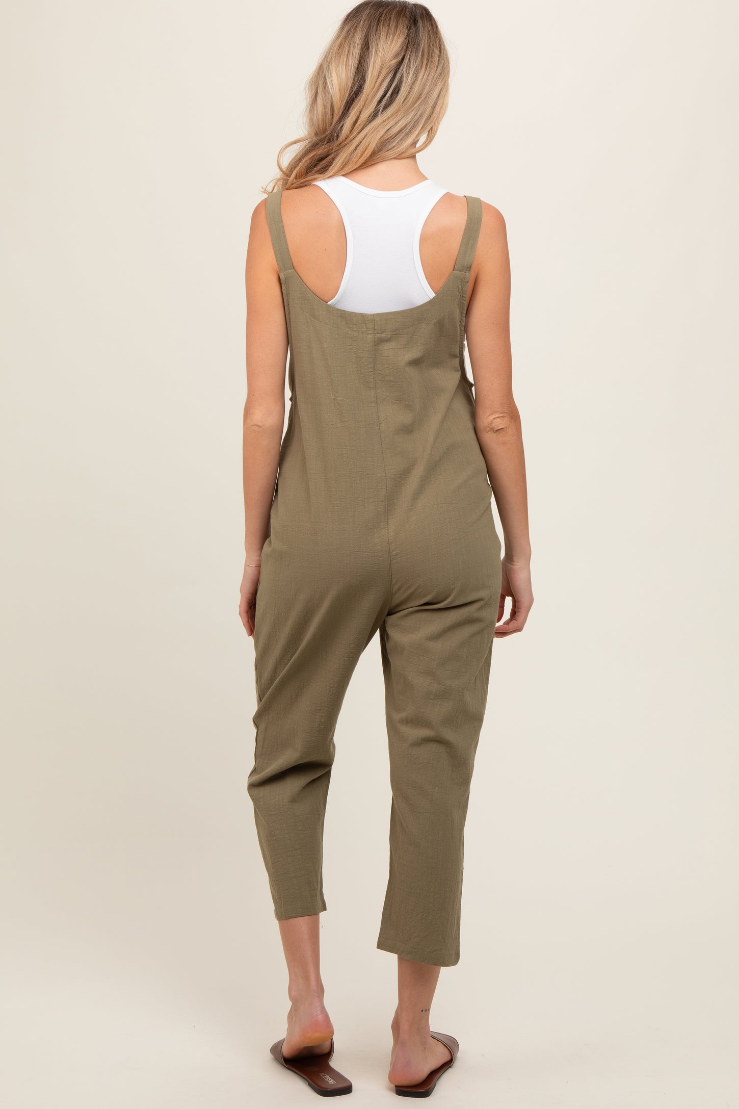 Olive Button Down Maternity Cropped Jumpsuit