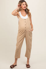 Taupe Button Down Maternity Cropped Jumpsuit