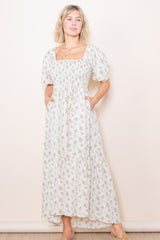 Cream Floral Smocked Square Neck Short Puff Sleeve Maternity Midi Dress