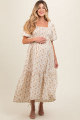 Cream Floral Smocked Square Neck Short Puff Sleeve Maternity Midi Dress