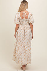 Cream Floral Smocked Square Neck Short Puff Sleeve Maternity Midi Dress