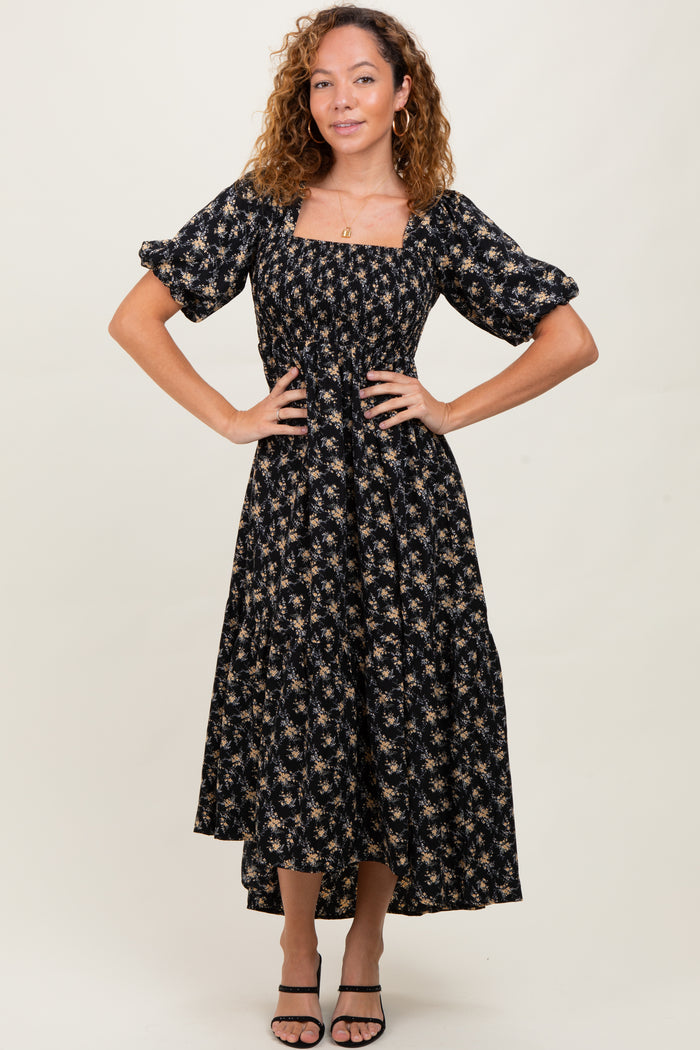 Black Floral Smocked Square Neck Short Puff Sleeve Midi Dress