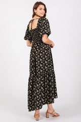 Black Floral Smocked Square Neck Short Puff Sleeve Midi Dress