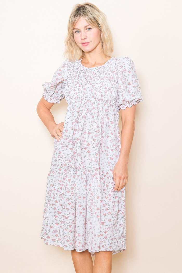 Cream Floral Smocked Maternity Midi Dress
