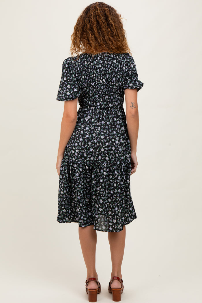 Black Floral Smocked Midi Dress