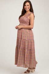 Multi-Color Plaid Sleeveless Ruffle Maternity Maxi Dress